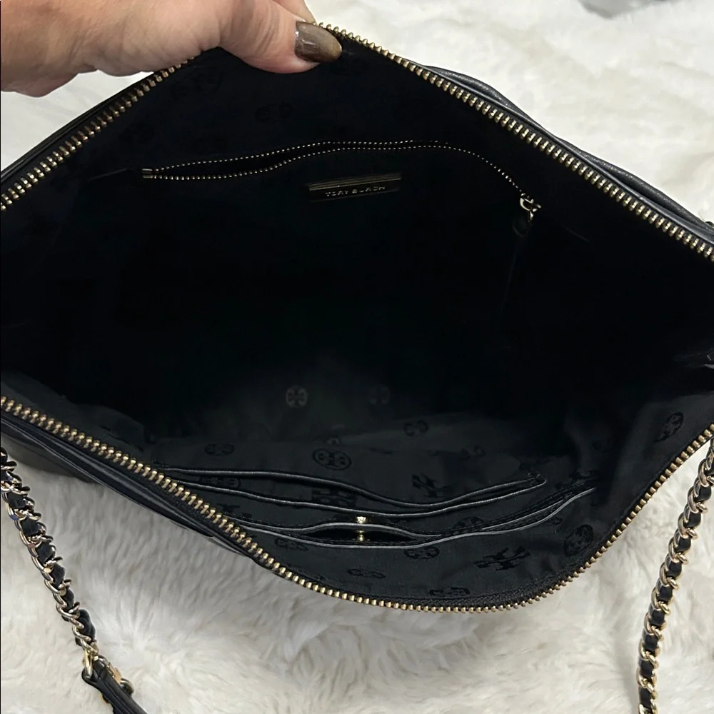 Tory Burch Fleming Black Leather Quilted Tote Bag